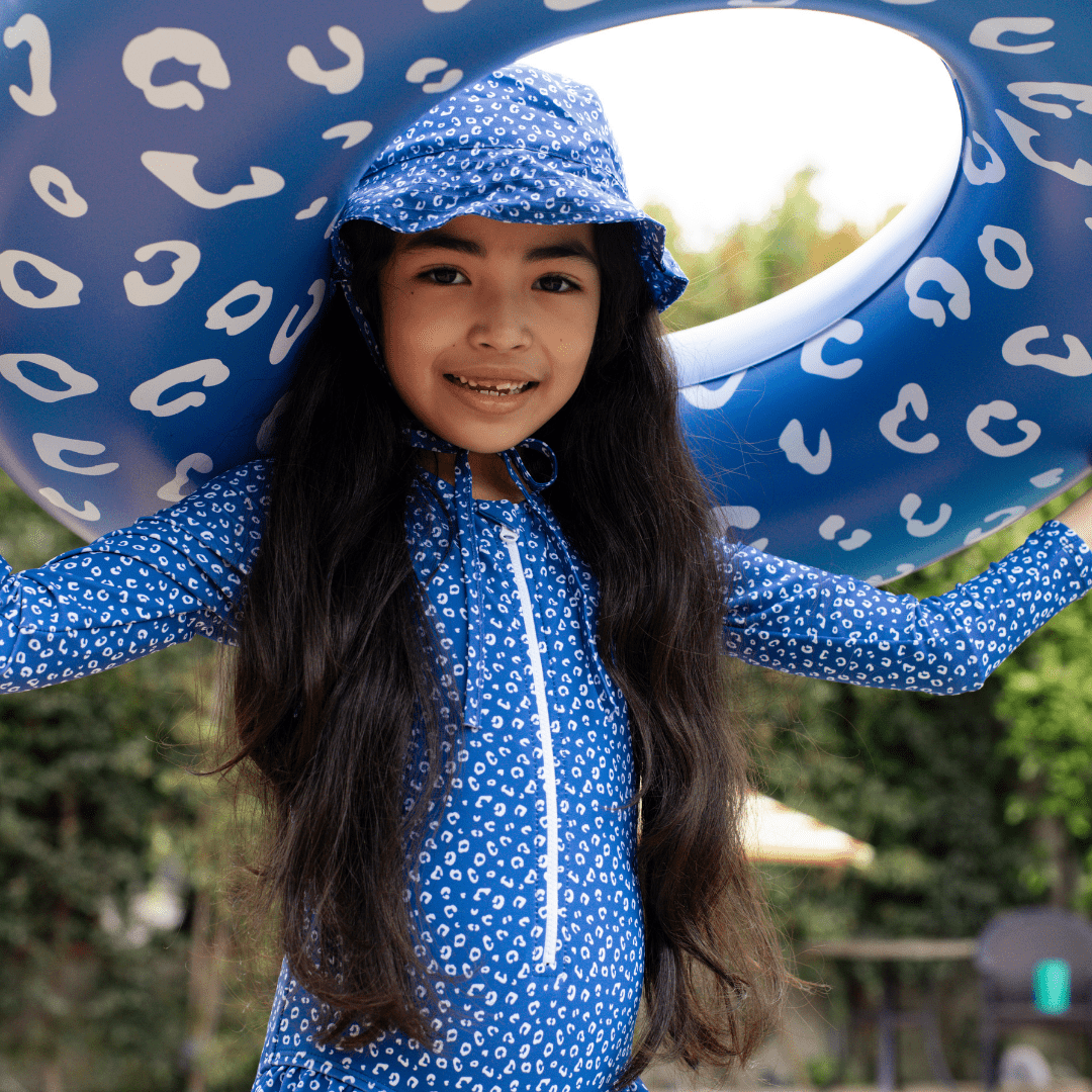 Leopard | Blauw Meisjes UV Badpak met lange mouwen