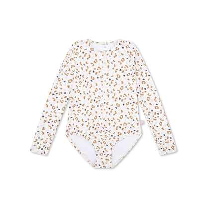 UV Long-sleeve Girl Swimsuit Khaki Panther Print