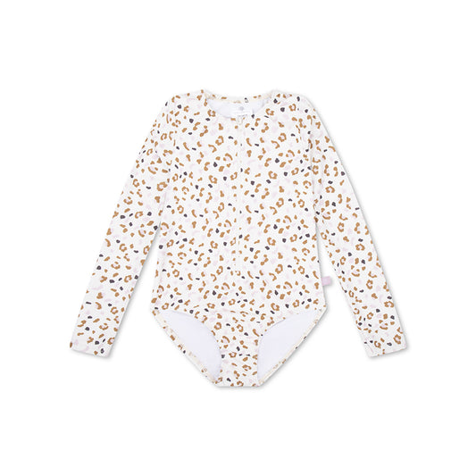 Langärmeliger UV-Badeanzug für Mädchen Khaki Panther Print